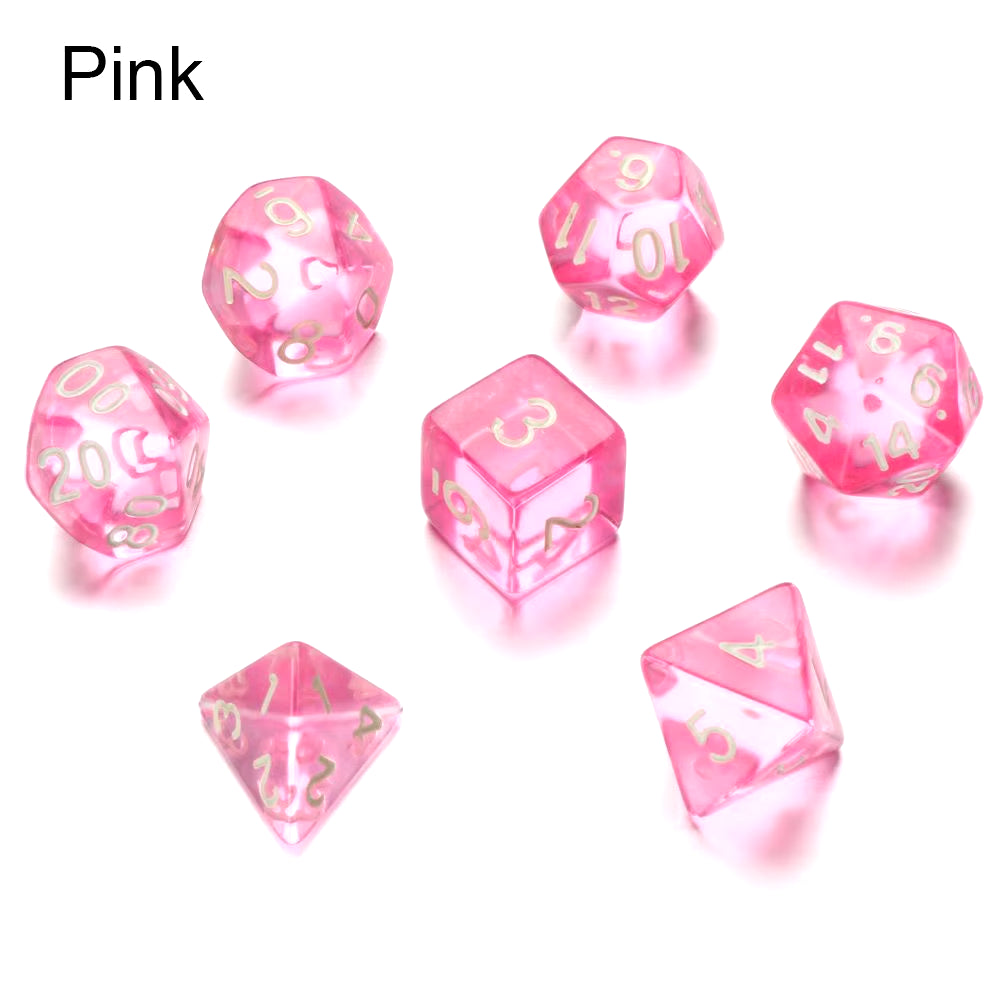 7 Pcs Set Clear Pink Dice Numbers D4 D6 D8 D10 D Percentage D12 D20 Polyhedral Dices Kit for DND COC TRPG RPG Board Games Party