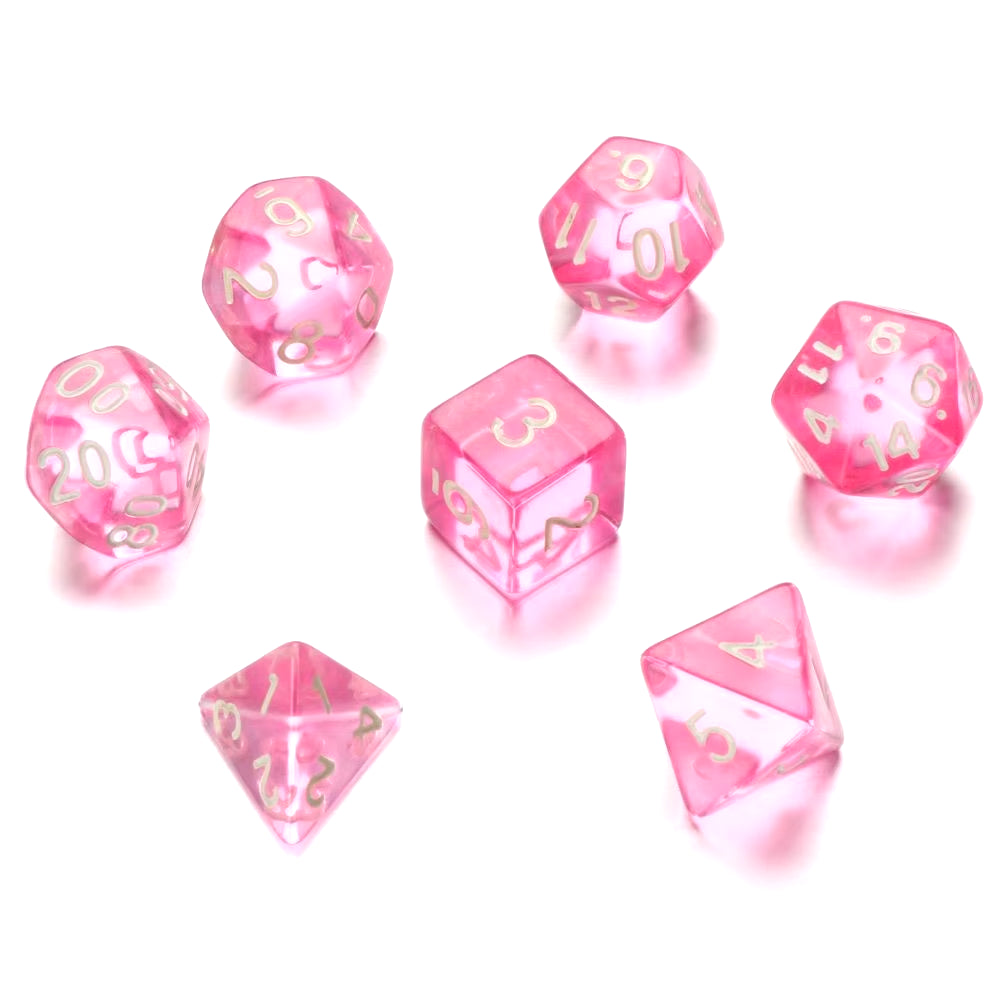 7 Pcs Set Clear Pink Dice Numbers D4 D6 D8 D10 D Percentage D12 D20 Polyhedral Dices Kit for DND COC TRPG RPG Board Games Party